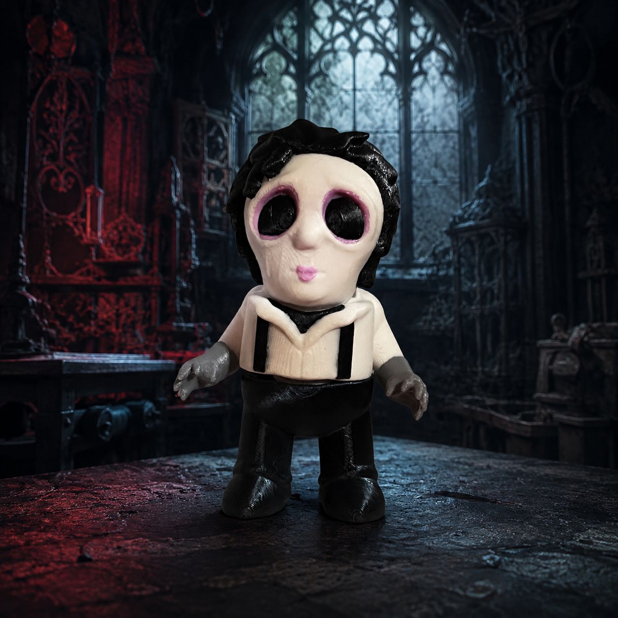Edward Scissorhands-inspired 3D printed horror figure in gothic mansion