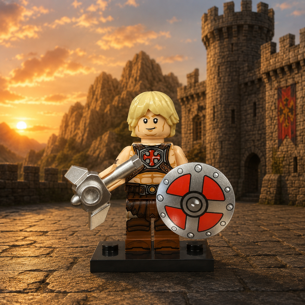 He-Man brick minifigure before fantasy castle