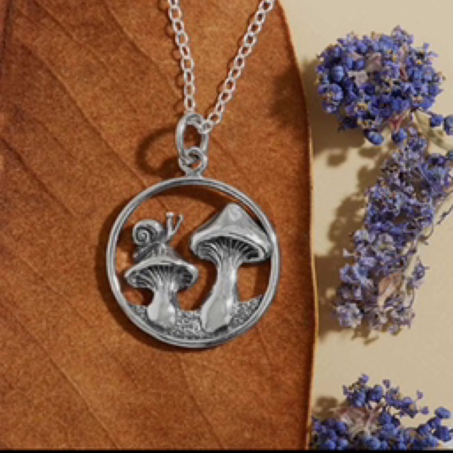 Sterling Silver Mushroom and Snail Necklace 18 Inch