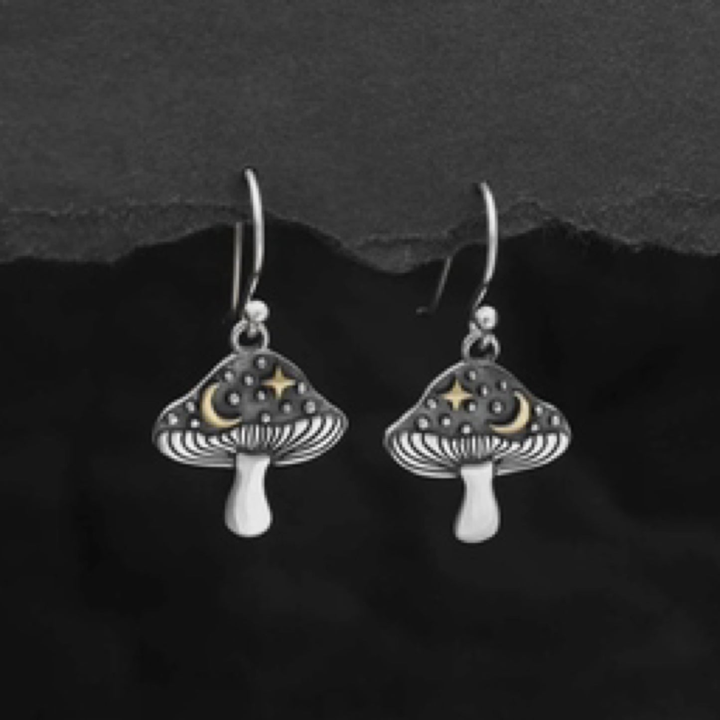 Silver Mushroom Earrings with Bronze Star and Moon