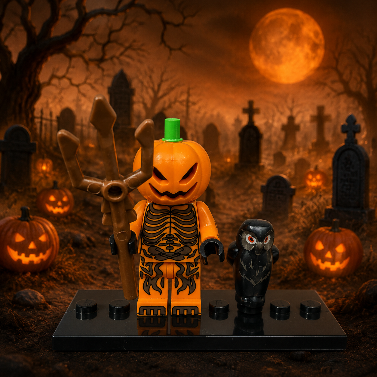 Pumpkin Skeleton brick minifigure in Halloween cemetery