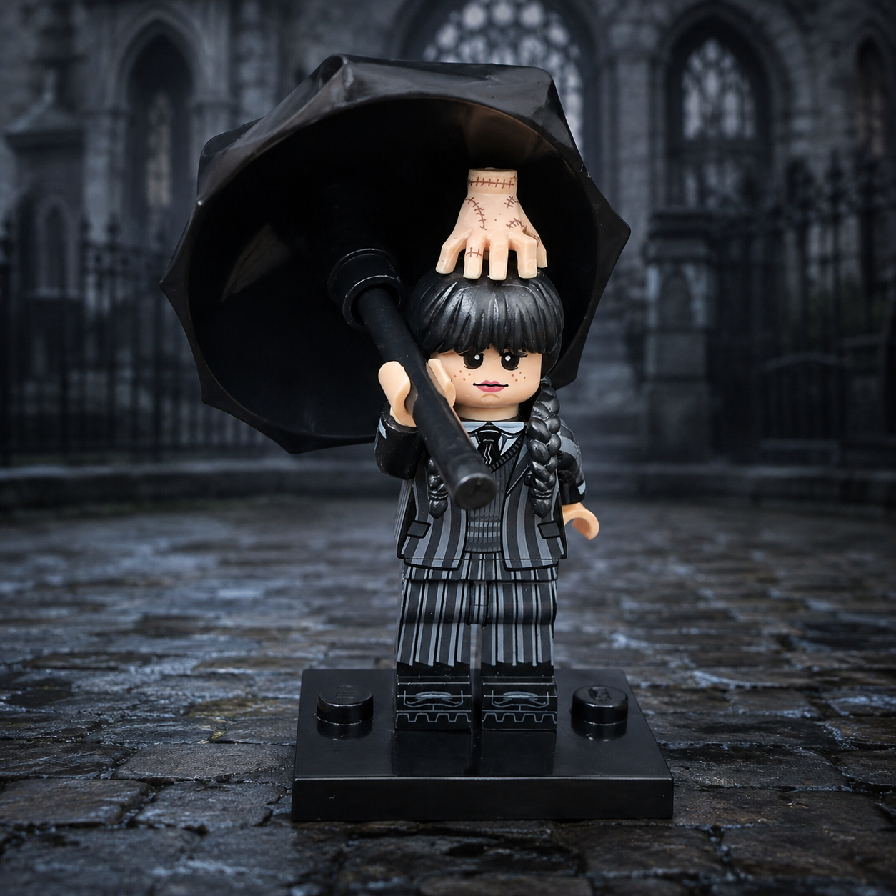 Wednesday Addams brick minifigure in gothic academy courtyard