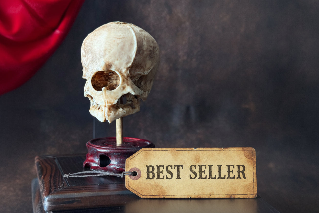 Cyclops fetal skull replica displayed on a dark pedestal