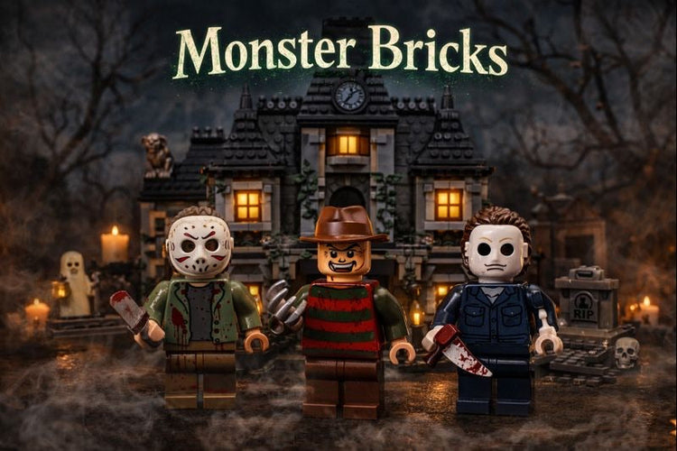 Bricks logo mini figures including Michael Myers, Ghost face, The Crow, Billy from SAW, Jason Voorhees, Chucky, Beetlejuice and Freddy Kruger
