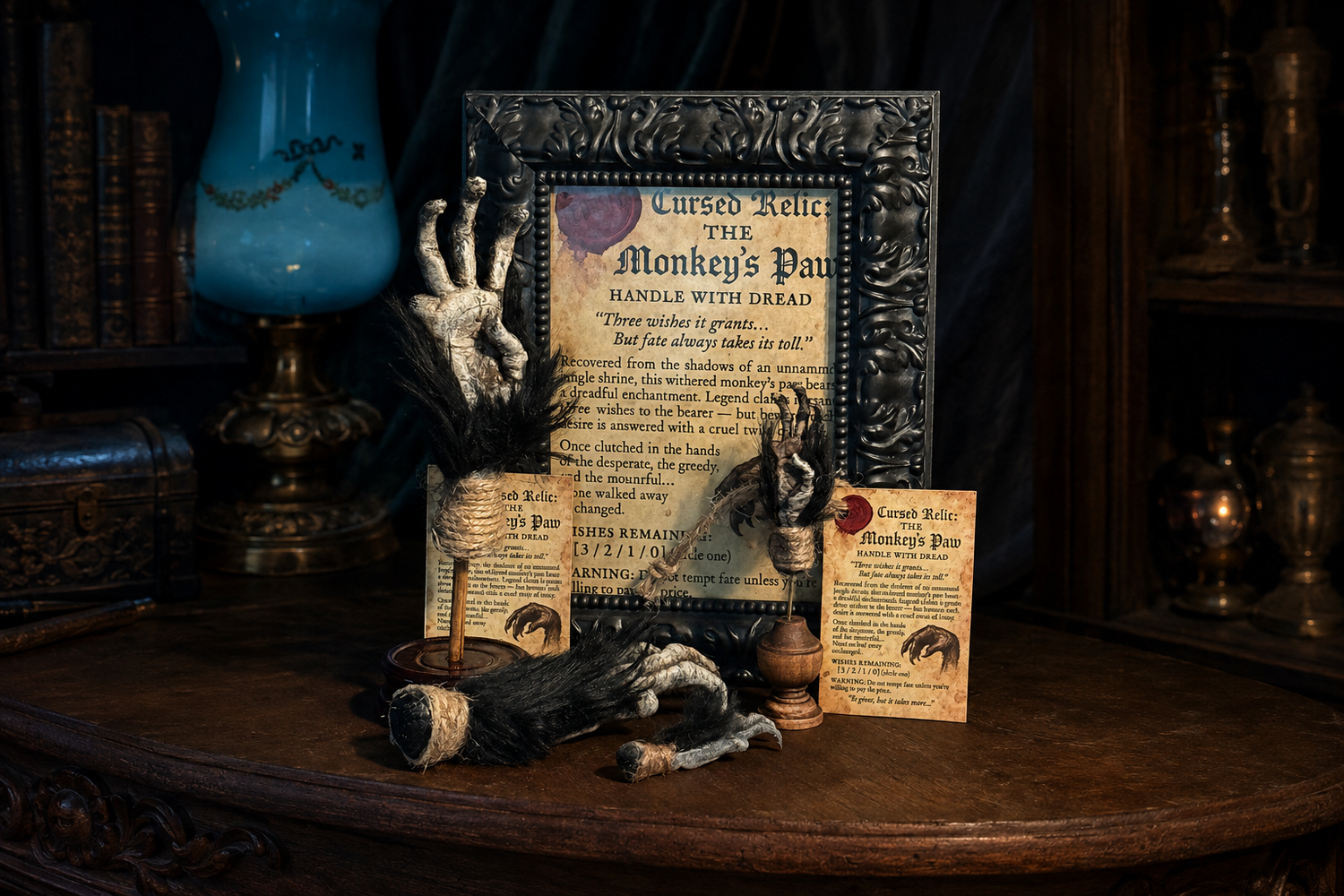 Cursed Relics monkey paw display in a gothic curiosity room
