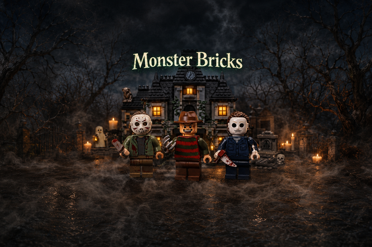 Monster Bricks horror minifigures outside a haunted brick mansion