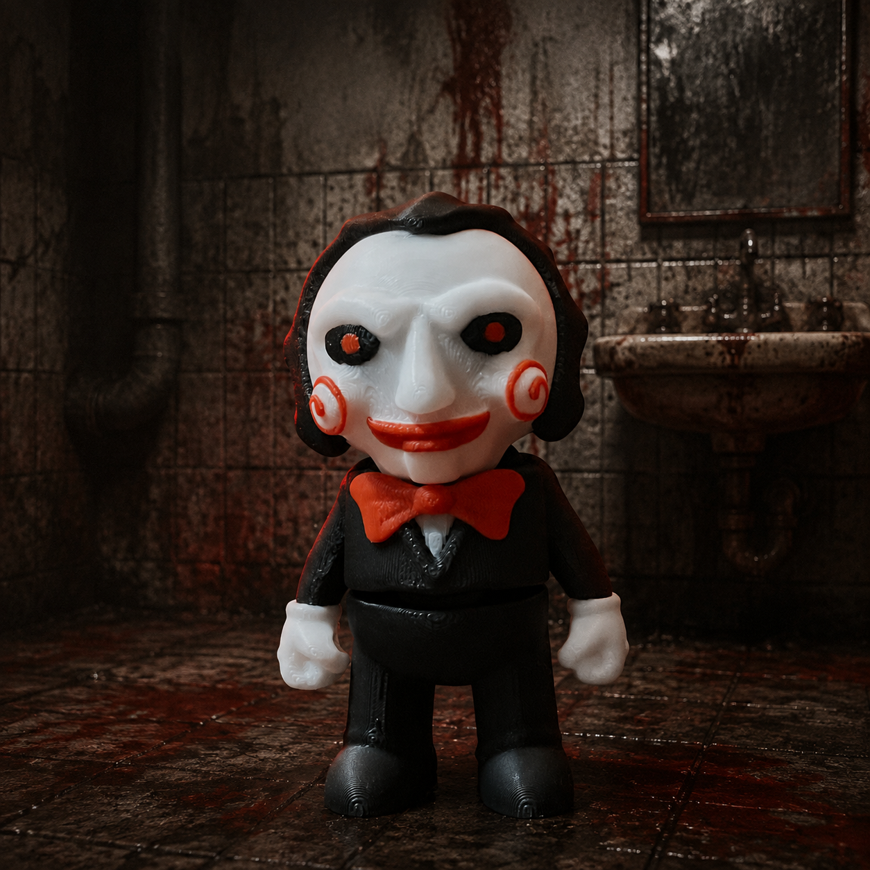 Billy-inspired 3D printed horror figure in industrial bathroom setting