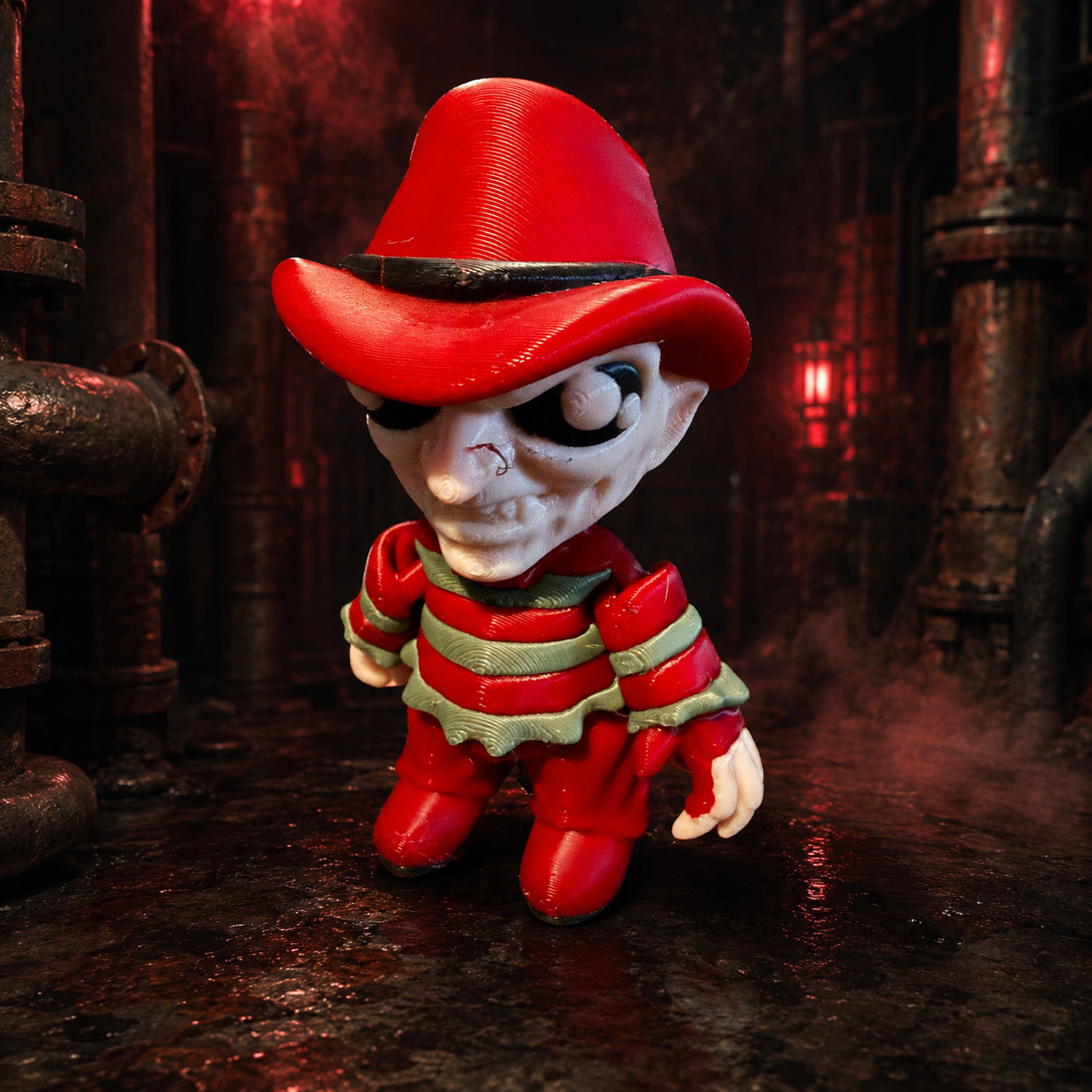 Freddy-inspired 3D printed horror figure in boiler room