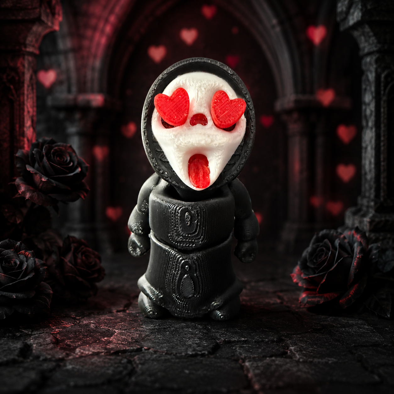 Heart eyes ghost figure in gothic Valentine crypt