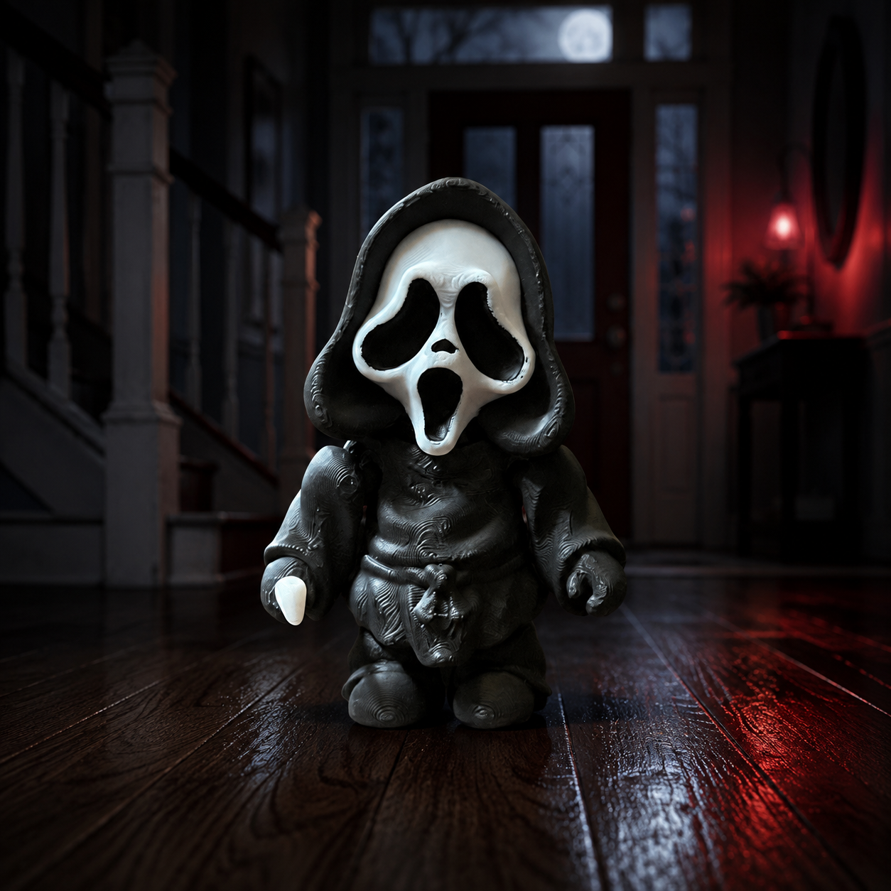 Ghostface-inspired 3D printed horror figure in dark house