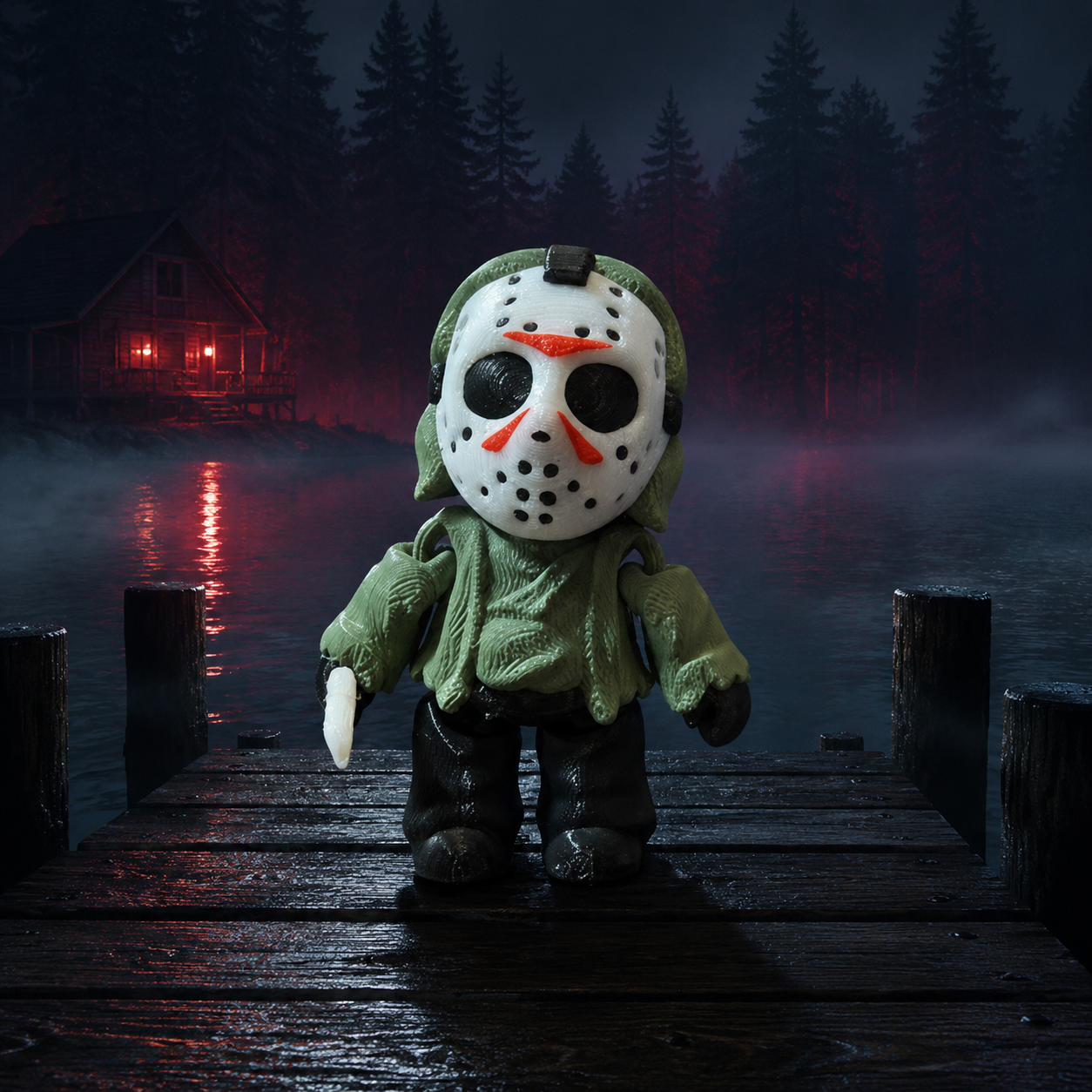 Hockey mask 3D printed horror figure at foggy lake