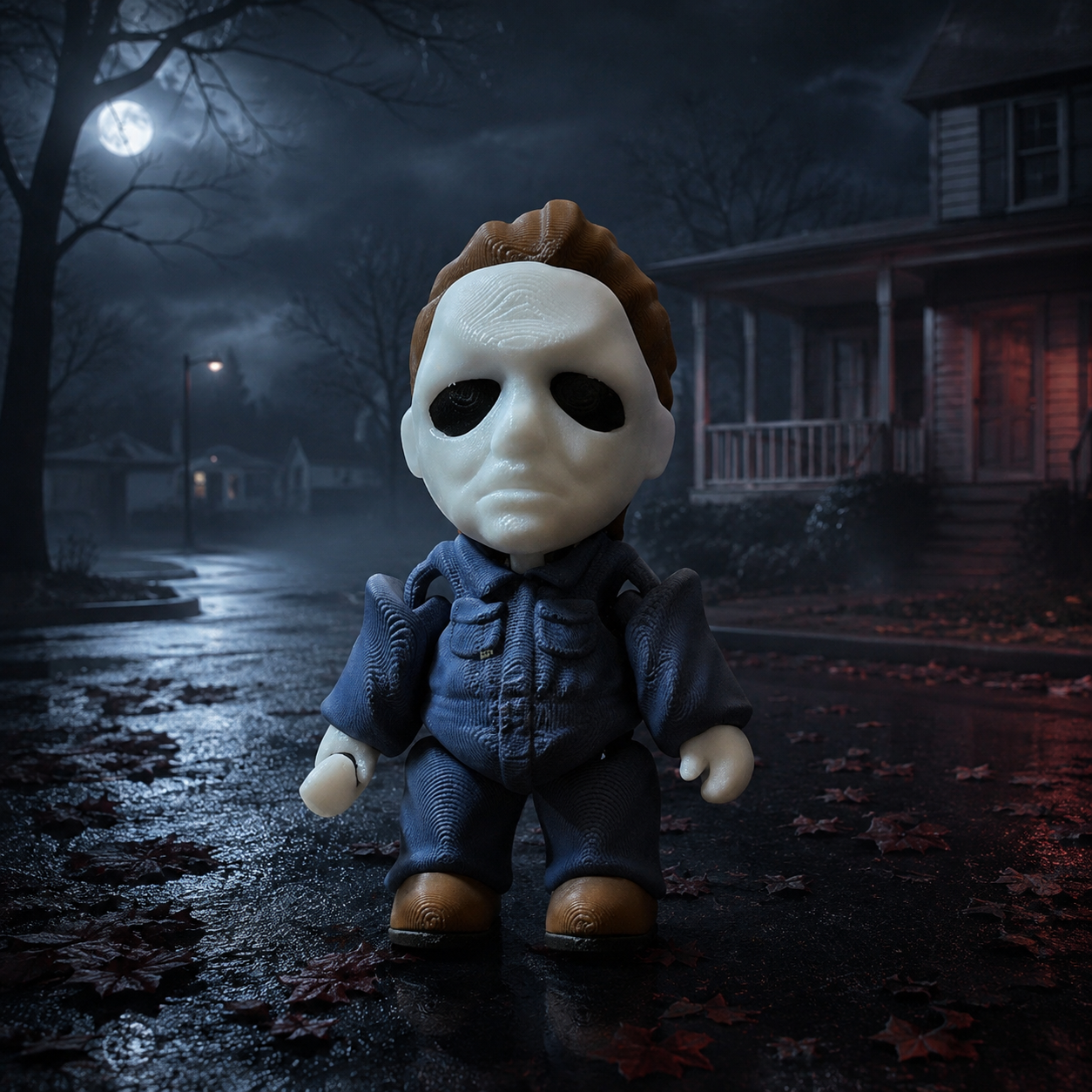Pale mask 3D printed horror figure on dark suburban street
