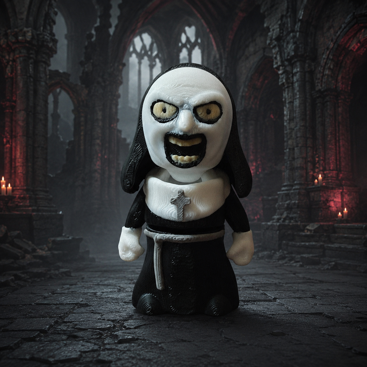 Demonic nun 3D printed horror figure in ruined abbey