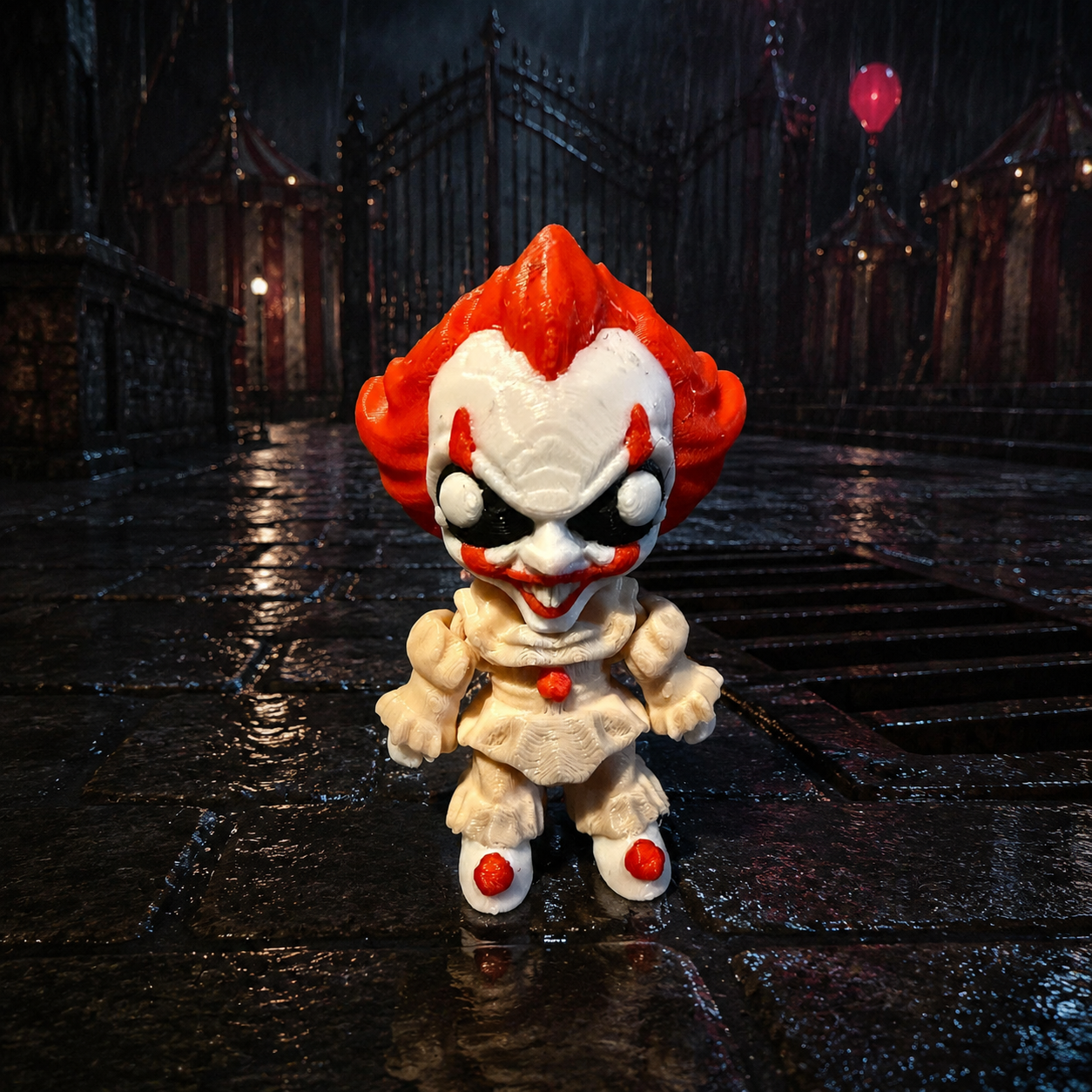 Red haired clown 3D printed horror figure at dark carnival