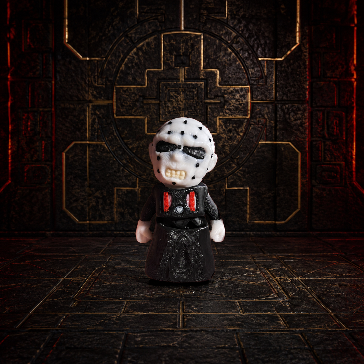 Pin headed 3D printed horror figure in geometric chamber