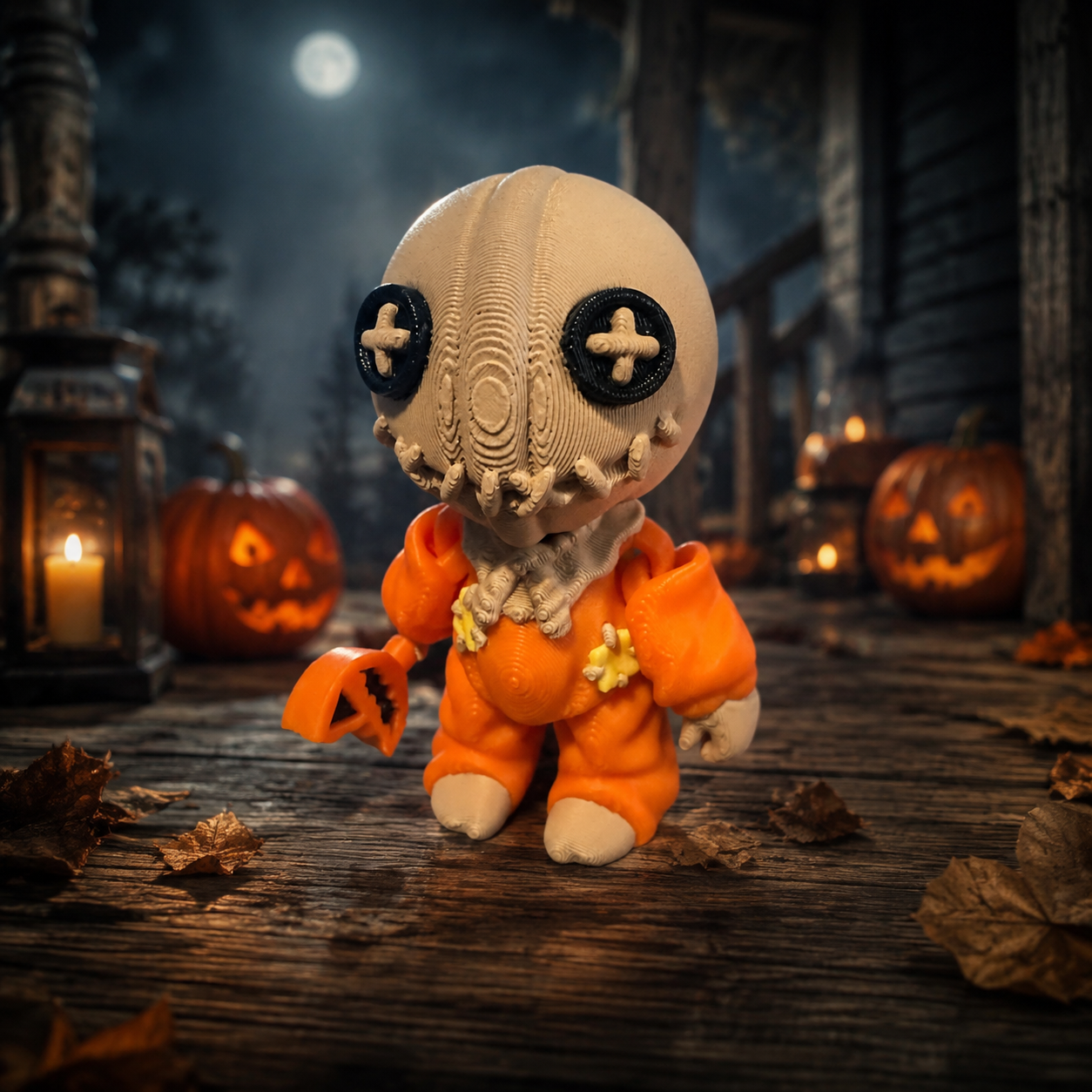 Burlap mask Halloween 3D printed figure on pumpkin porch