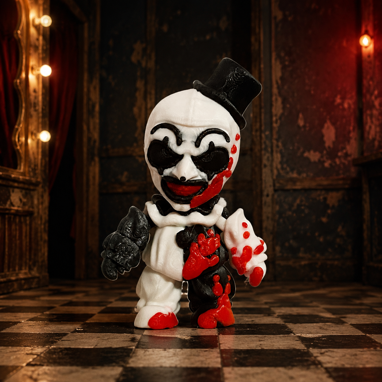 Red paint accented black and white clown 3D printed figure