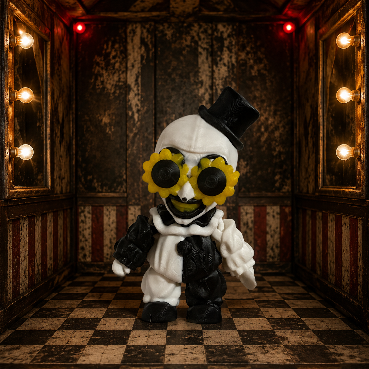Black and white clown 3D printed figure with yellow sunglasses