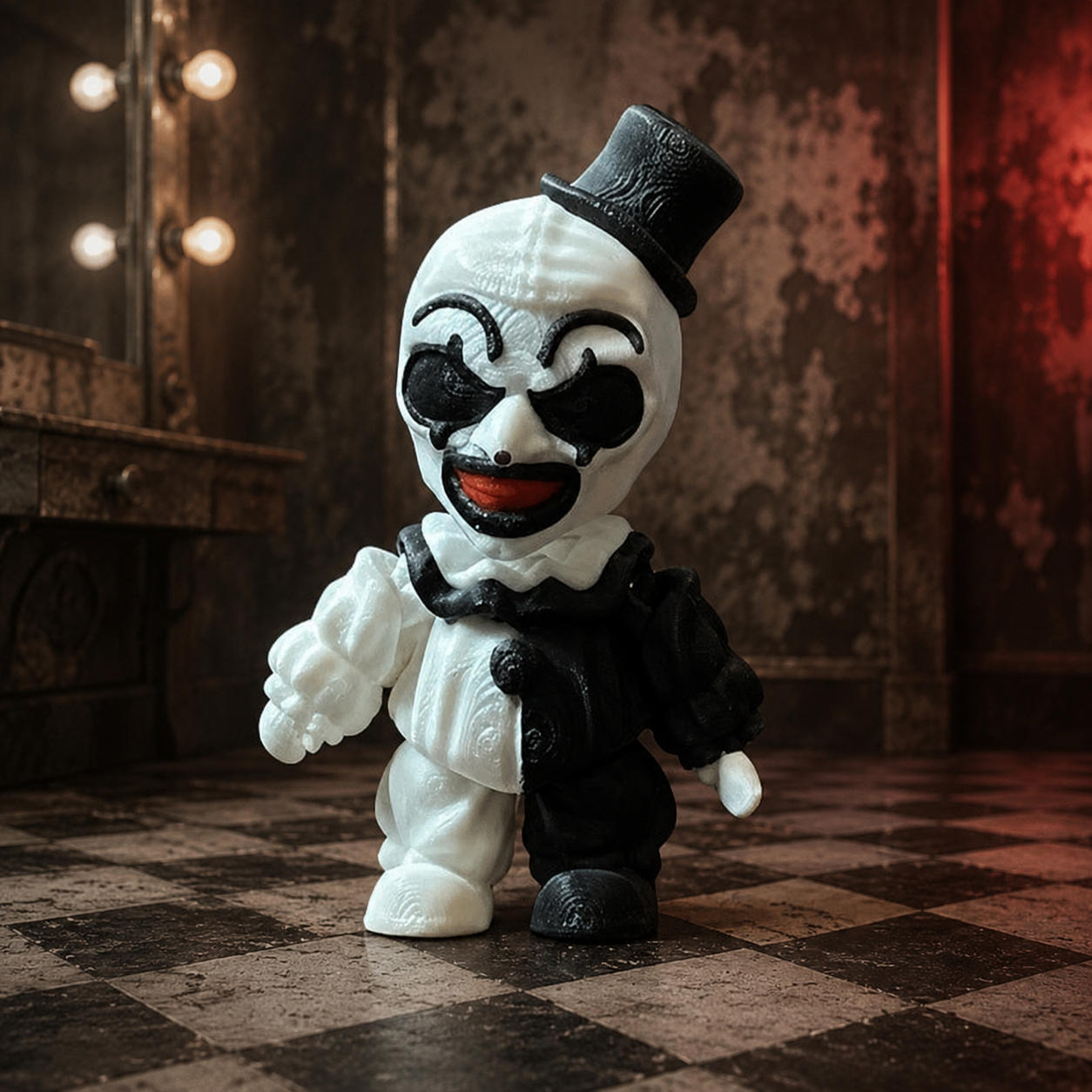 Black and white clown 3D printed horror figure backstage