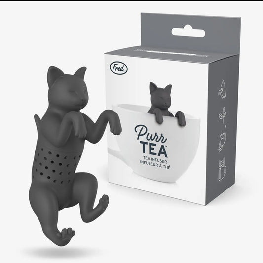 Black cat-shaped tea infuser with packaging Purr Tea