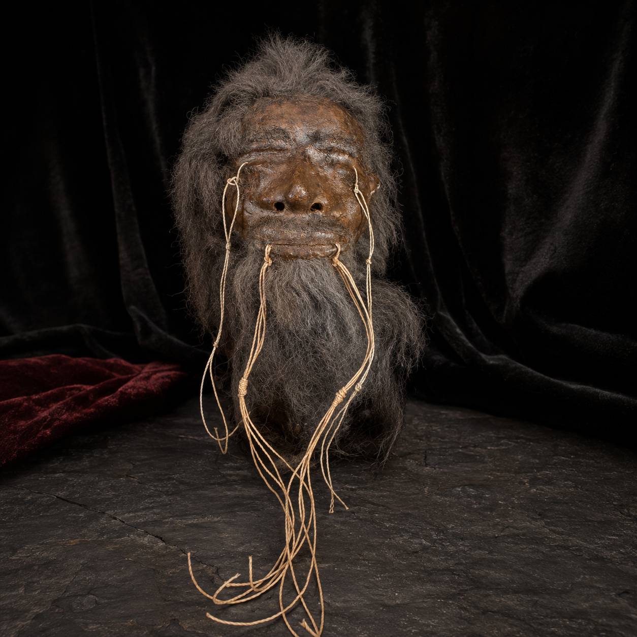 wild gray hair and beard alpaca hide shrunken head replica front view