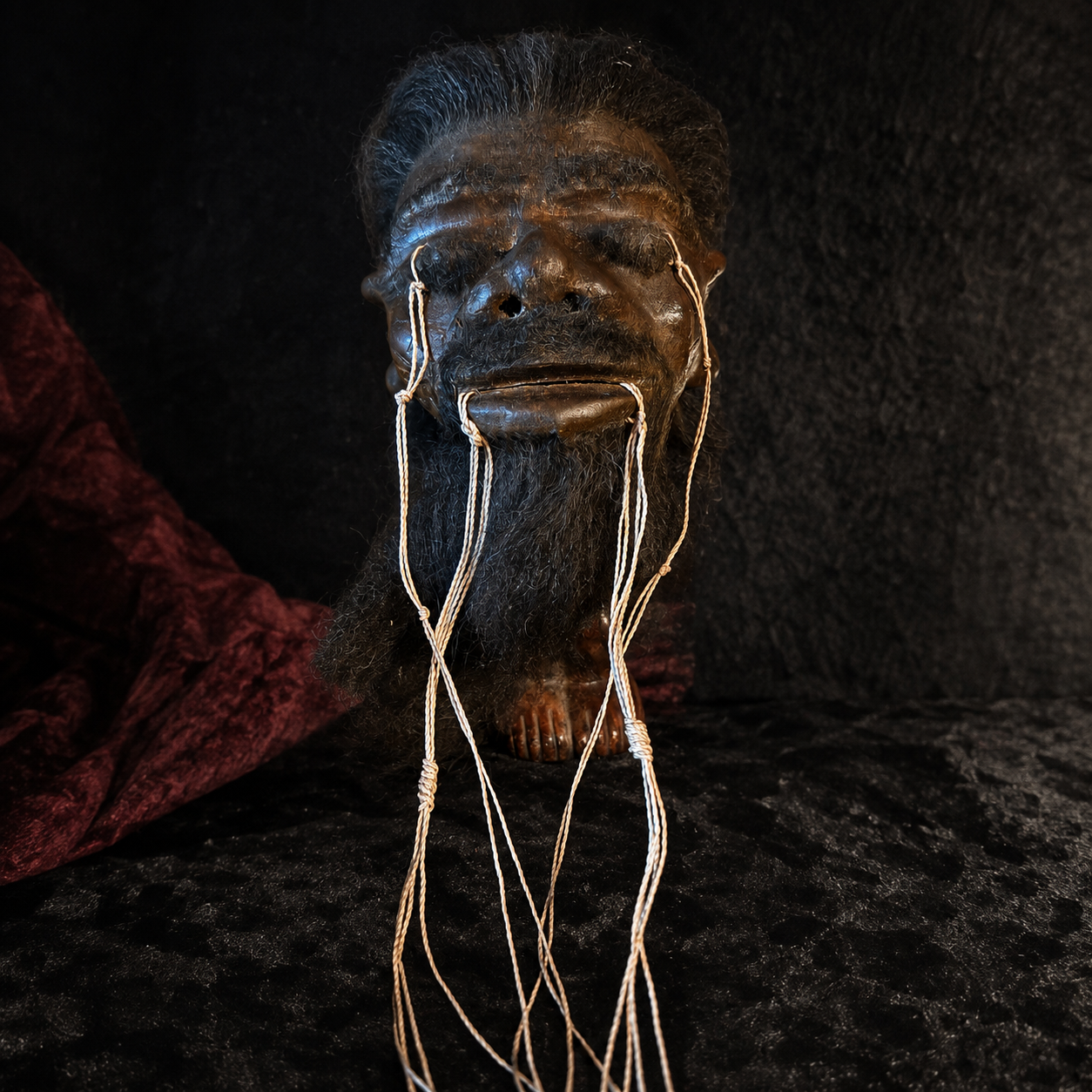 black-haired, dark-bearded alpaca hide shrunken head replica front view