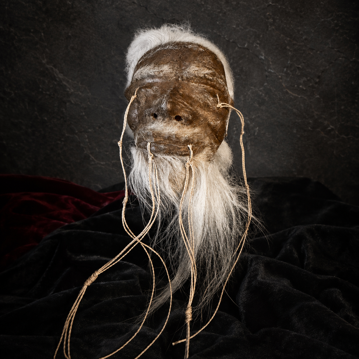 long white hair and beard alpaca hide shrunken head replica front view