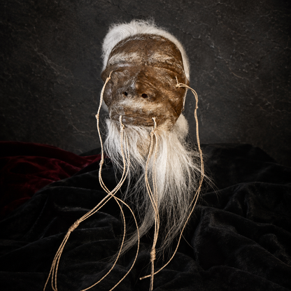 long white hair and beard alpaca hide shrunken head replica front view
