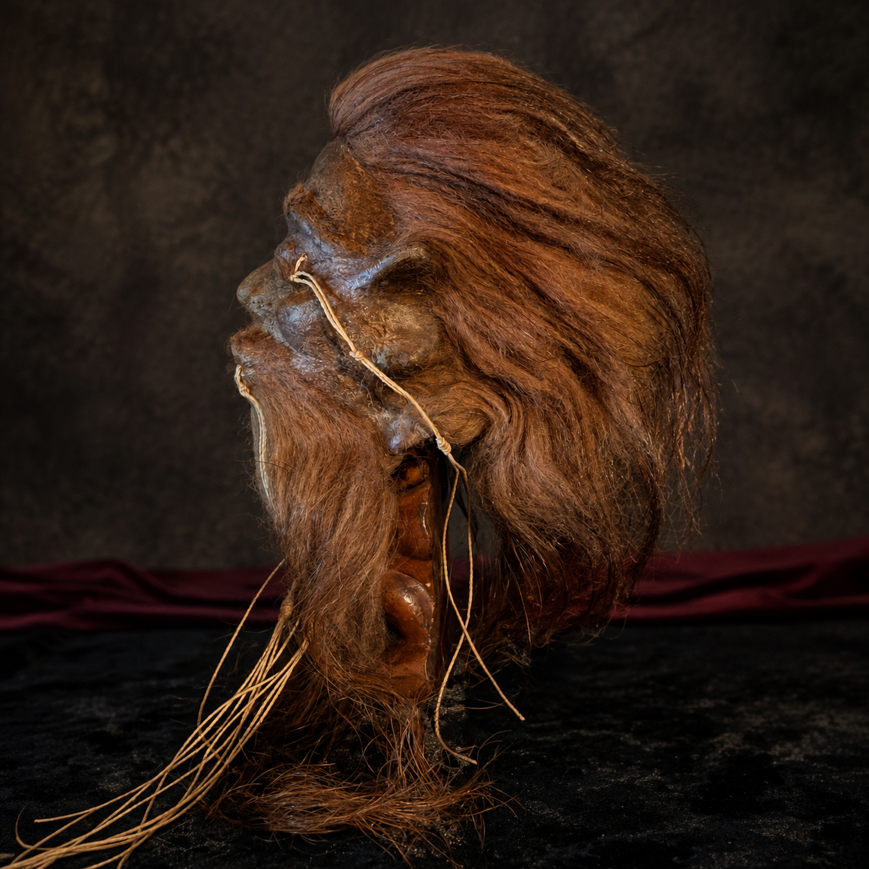 long auburn-haired alpaca hide shrunken head replica side profile