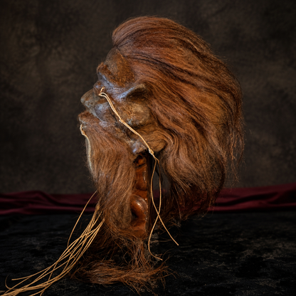 long auburn-haired alpaca hide shrunken head replica side profile