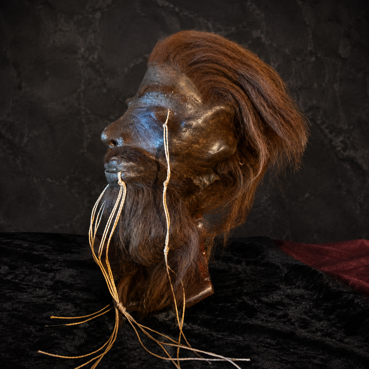 chestnut-haired and bearded alpaca hide shrunken head replica side profile