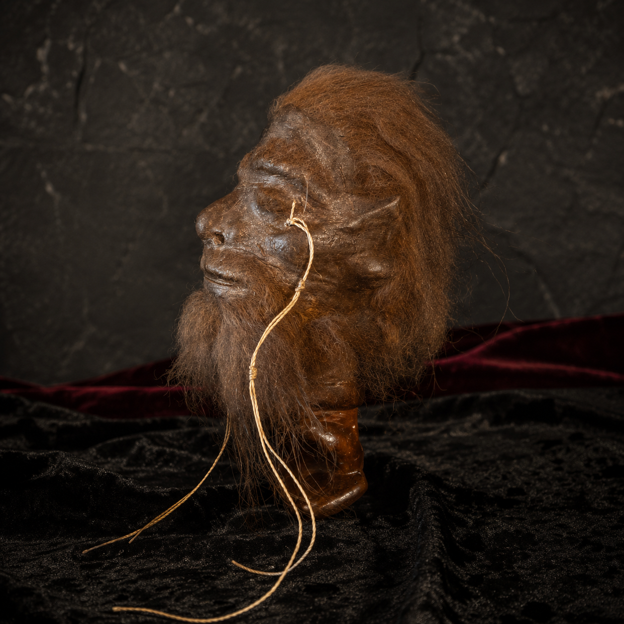 rust-haired and bearded alpaca hide shrunken head replica side profile