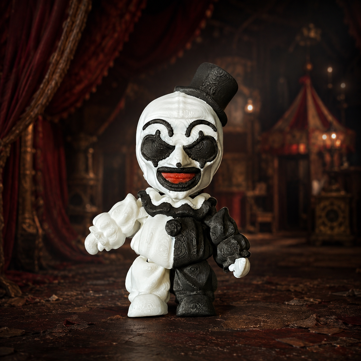 Art the Clown-inspired black-and-white 3D-printed horror figure