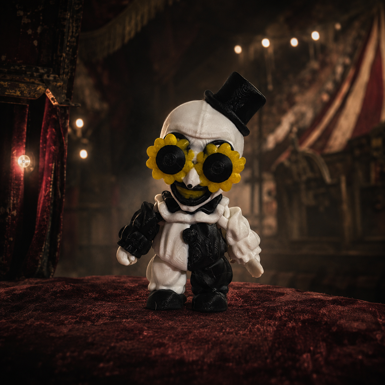 Art the Clown-inspired 3D-printed figure wearing yellow sunflower glasses