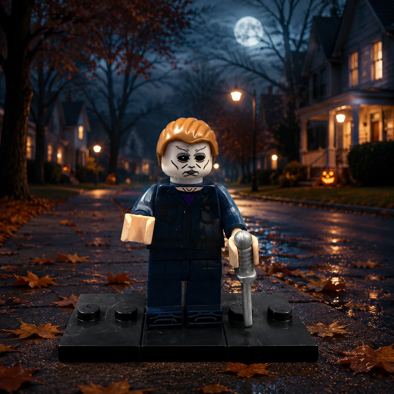Michael Myers brick minifigure on Halloween suburban street