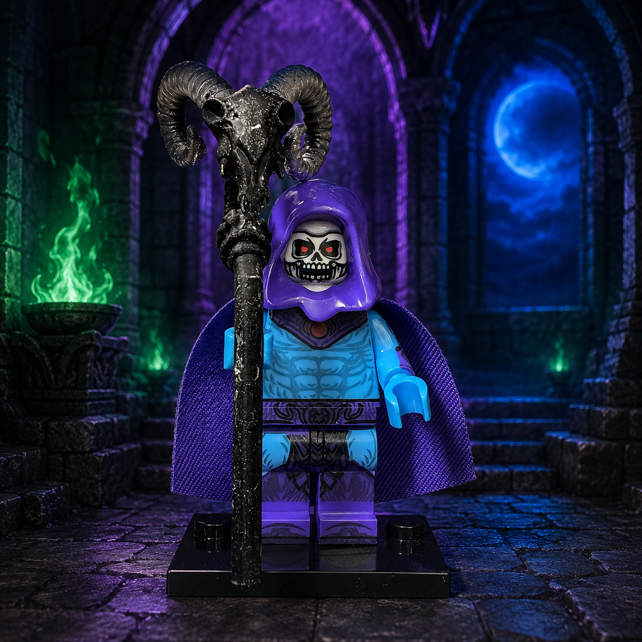 Skeletor brick minifigure in purple fantasy chamber