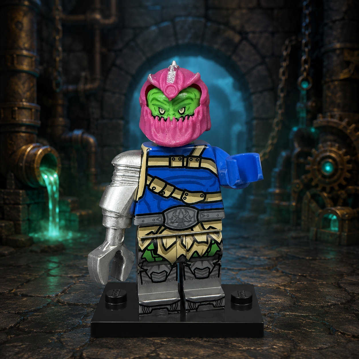 Trap Jaw brick minifigure in retro mechanical dungeon